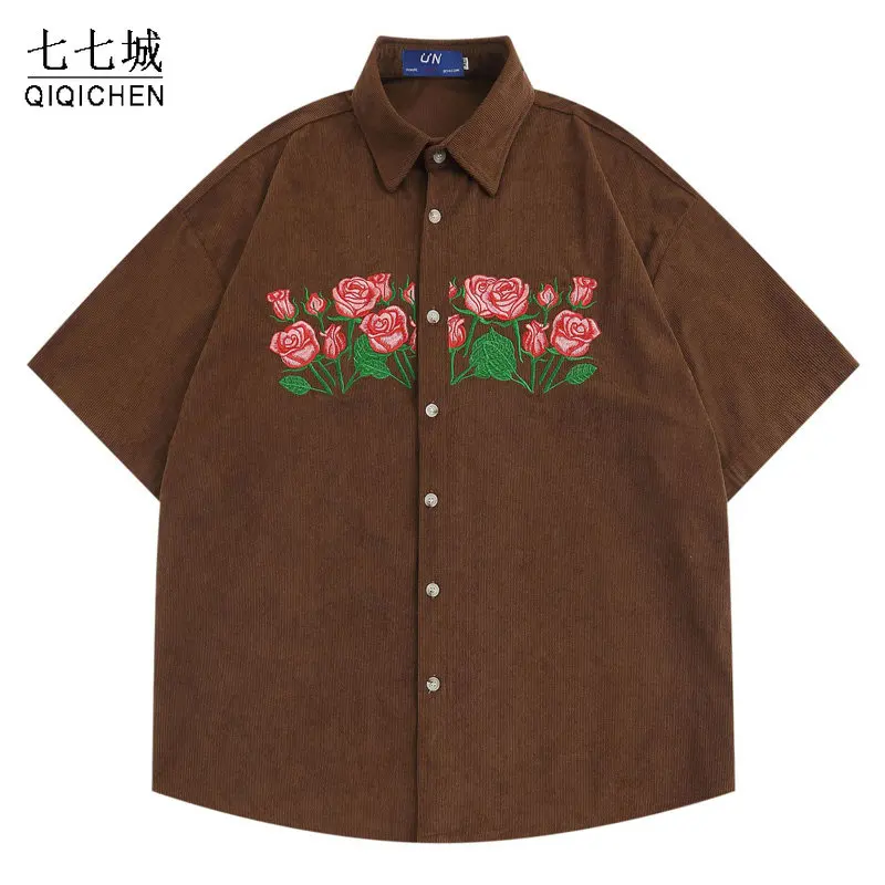 

Dark Icon Floral Embroidery Corduroy Shirts Men Women Summer Casual Men's Shirt Male Top Brown Blue