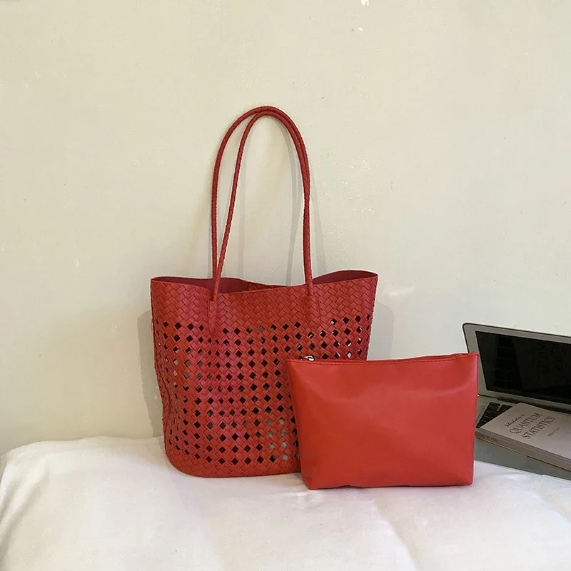 Rattan-Geflochtene Hohle Schultertasche mit Passender Geldbörse, Sommer-Shopper für Markt, Strand und Pendeln, Leichte Handtasche mit Offener Webung – Detail 19