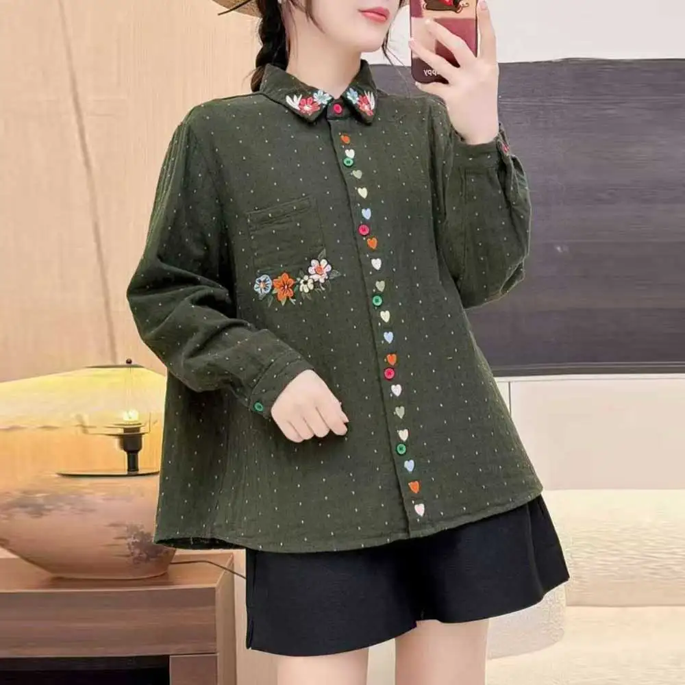 

Japanese Mori Girl Vintage Floral Embroidery Dot Patchwork Cotton Shirts Women Spring Autumn Long Sleeve Casual Loose Blouse Top