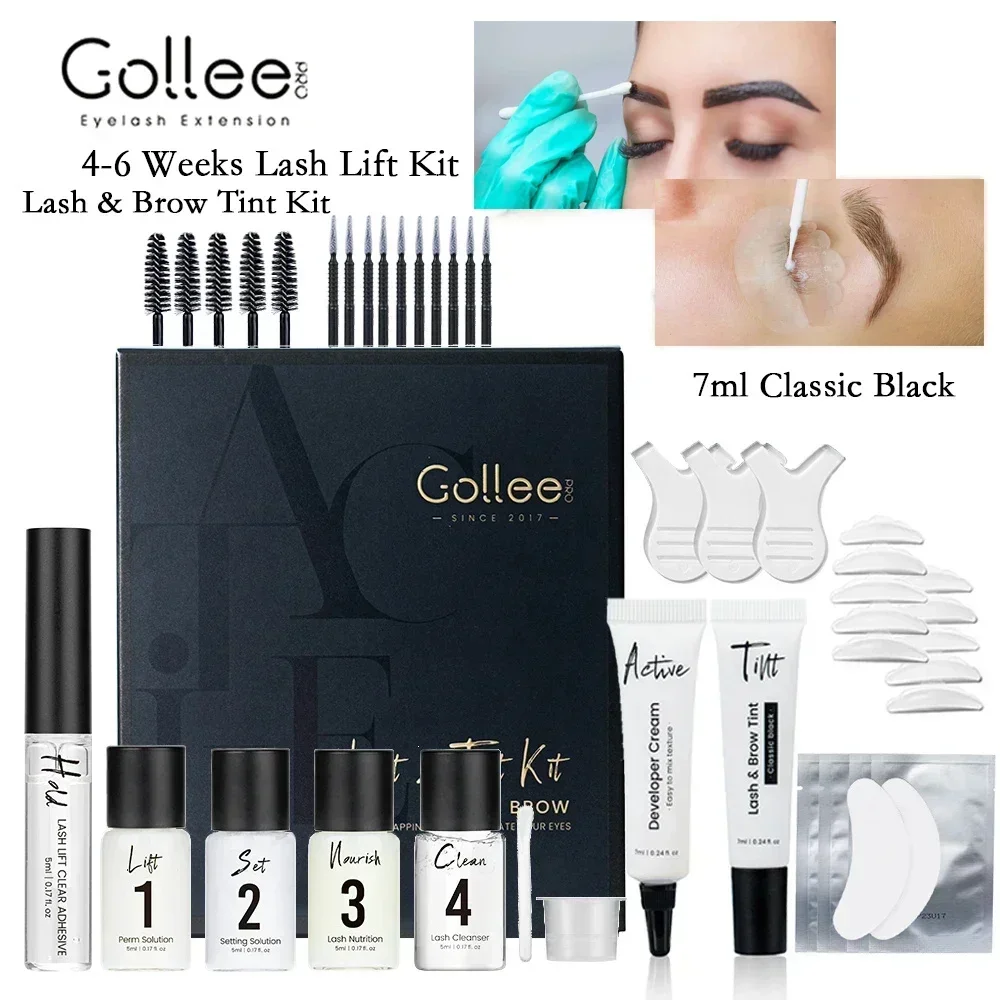 Gollee Lash Lift und Tönungsset, Brow Lamination, semipermanentes Augenbrauen-Tönungsset, Nature Black Wimpernlifting, Dauerwelle, 4–6 Wochen