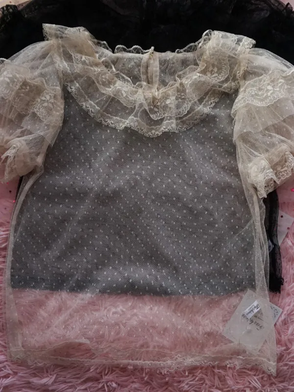 Japanese New Spring Summer Perspective Mesh Basic Shirts Elegant Lace Round Neck Pullover Crop Top Sweet Princess Fairy Blouses