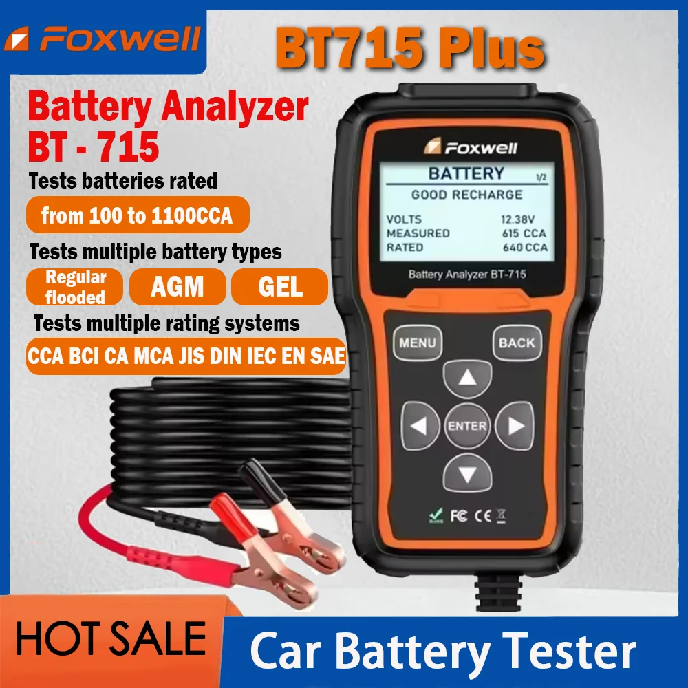 Тестер батареи Foxwell BT715 Plus Поддержка 12 В 24 В с затопленной гелевой батареи AGM EFB Заменяемый анализатор батарей Foxwell BT100 и BT705