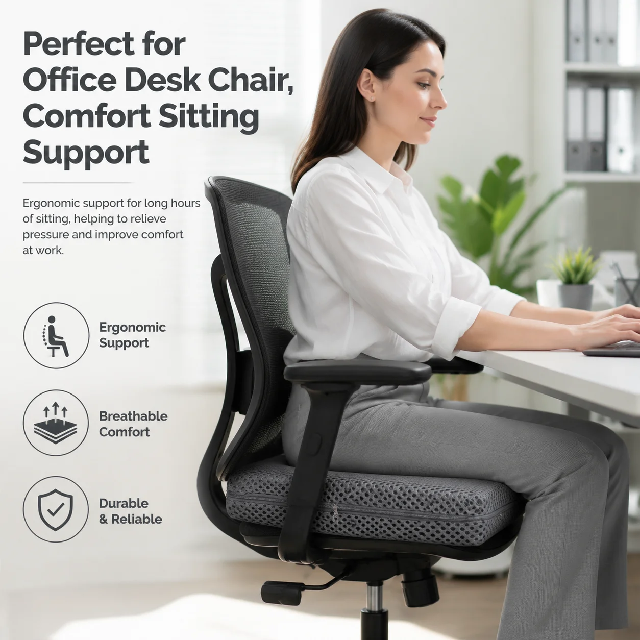 Washable 4D Air Fiber Cushion Summer Breathable Honeycomb Design for Pressure Relief & Back Tailbone Pain Chair Seat Cushion