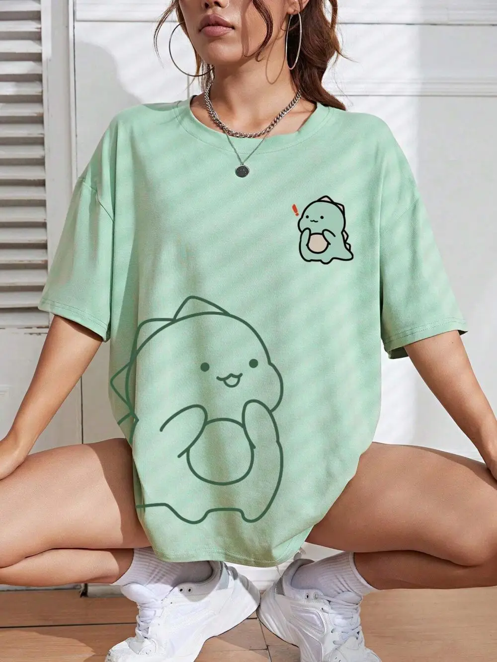 Korean Fashion Women Cotton T-shirt Kawaii Cartoons Little Dinosaur Printing Tee Summer Casual Comfortable Short Sleeve Clothes