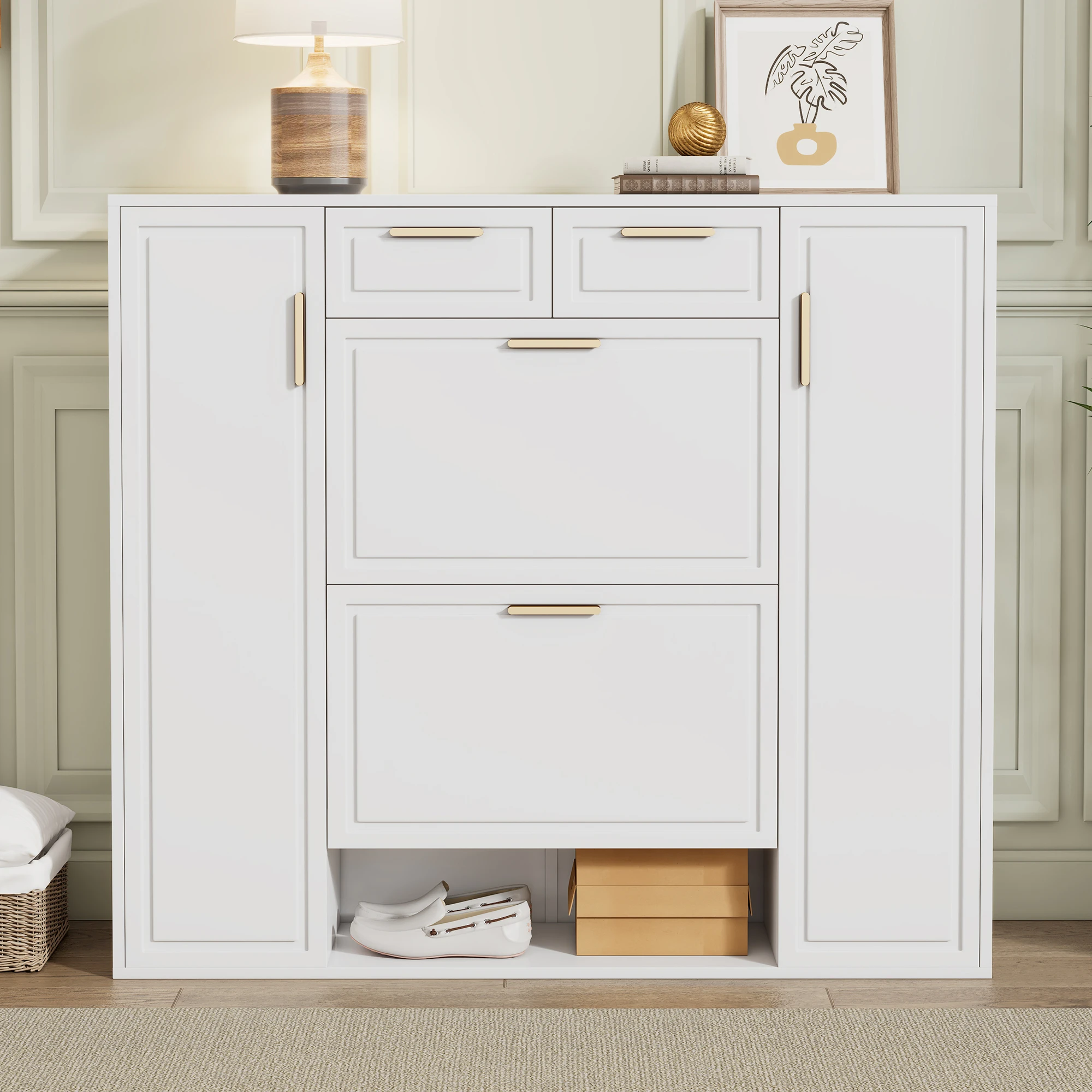 Zapatero moderno, con estantes ajustables, tiradores dorados, 2 cajones, zapatero plegable y 2 puertas, blanco, W120/P24/Al107 CM