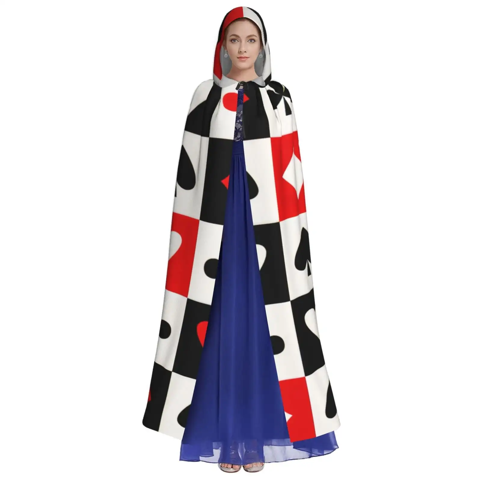Unisex Hooded Cloaks Adult Lightweight Overcoat Red Black Poker Square Plaid Checkerboard Heart Geometric Playing Cards Cloak