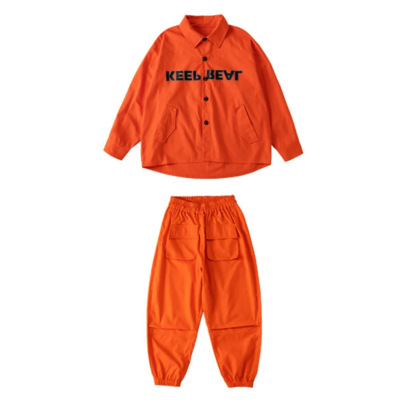 女の子オレンジヒップホップ服プリントジャケットトップカーゴパンツ子供男の子ジャズダンス衣装服