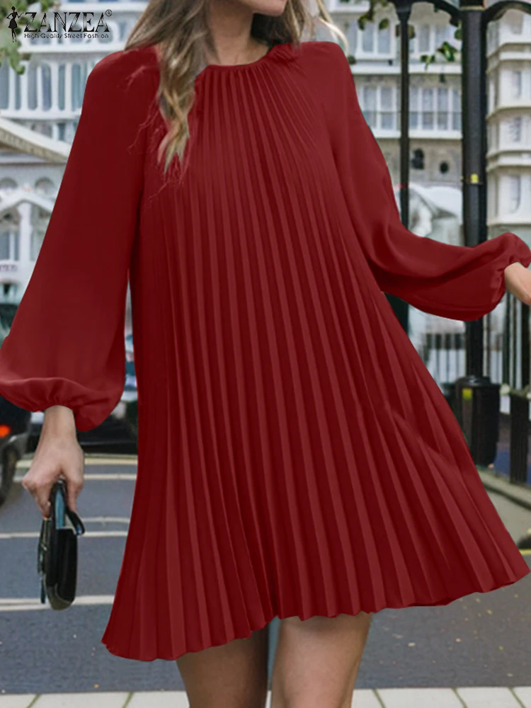 

ZANZEA Lantern Sleeve Plisse Pleated Dress O Neck Elegant Women Solid Color A-line Vestidos 2024 Fall Street Fashion Mini Dress