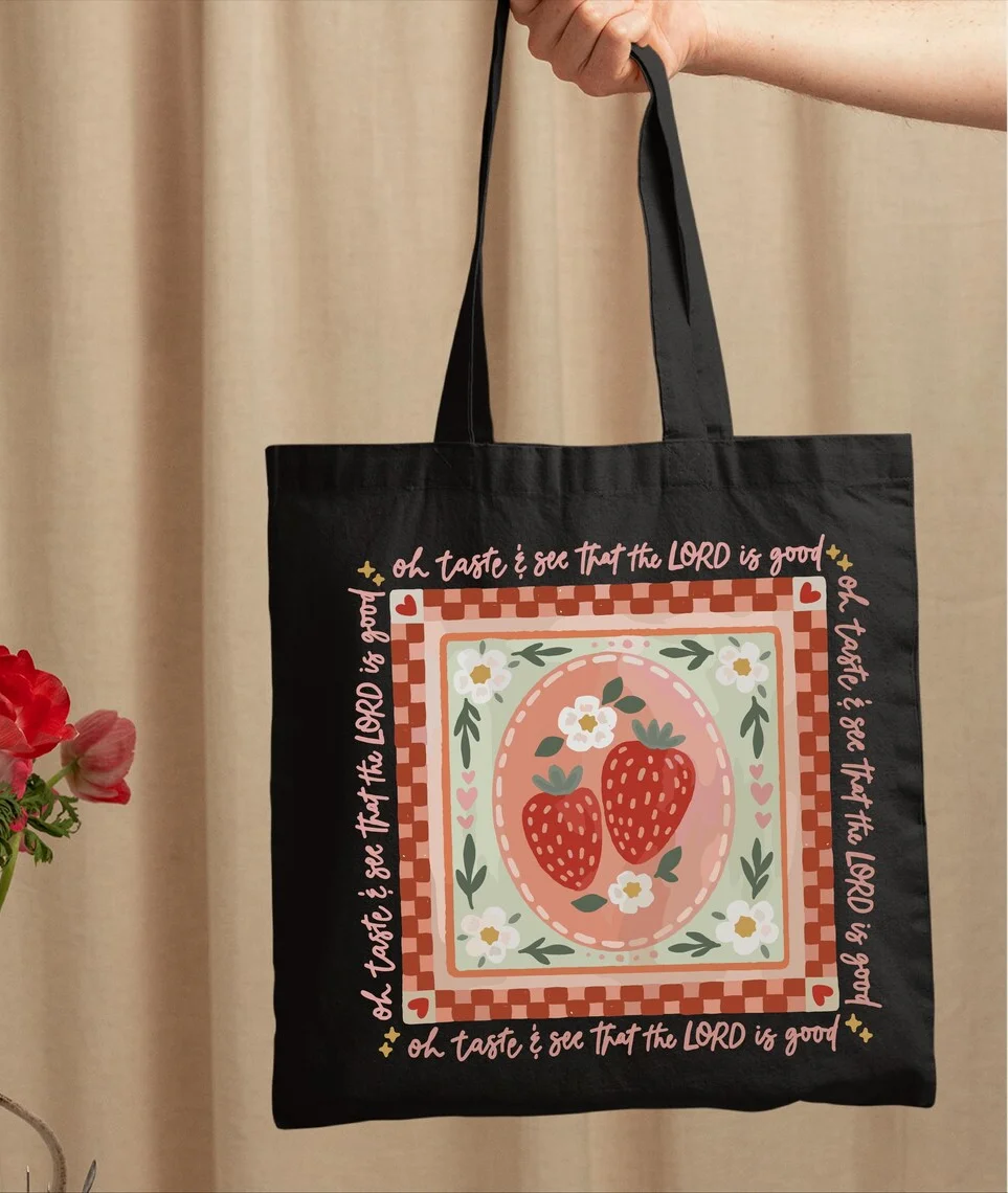 

Strawberry Tote Bag, Oh Taste and See Bible Verse Tote Bag, Floral Strawberry Bag, Gift for Christians, Strawberry Psalm BaG