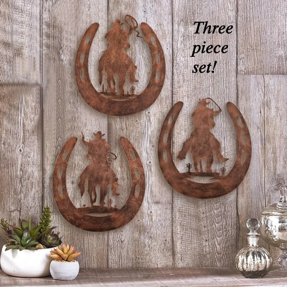 3pcs/set Horseshoe Metal Wall Decoration With Cowboy, Western Rustic Style Horseshoe Decor Hanging for Bedroom Country Decor