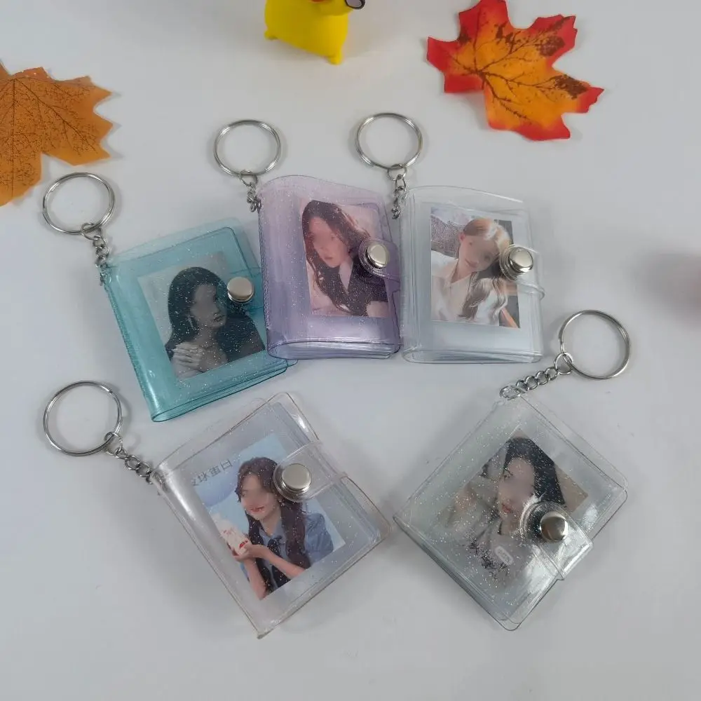 Mini álbum de fotos con llavero, álbum de bolsillo portátil Simple, diseño de botón a presión de PVC, soporte para tarjeta de fotos de almacenamiento