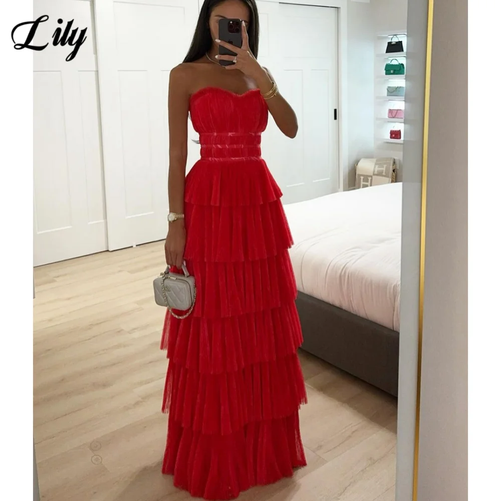 

Lily Red Elegant Prom Dress Sweetheart Backless Prom Gown Layered Sleeveless Floor-Length Formal Dresses for Woman Customized