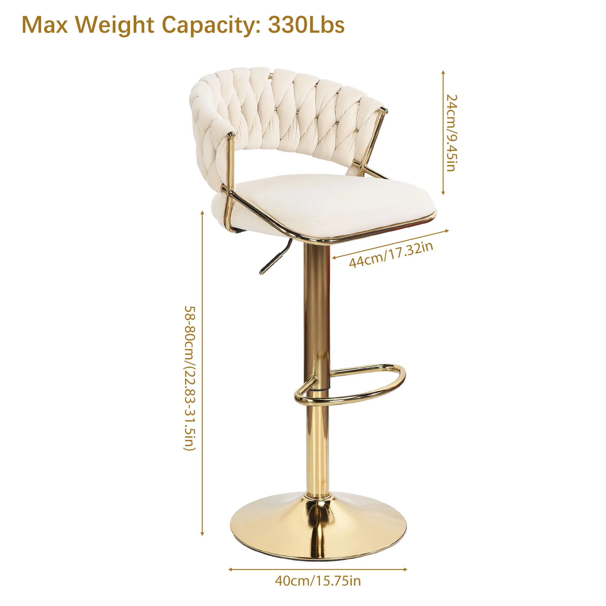 Paquete de 2 taburetes de bar y sillas de comedor con respaldo cómodo de terciopelo tejido a mano, taburete de mostrador de metal con base dorada de