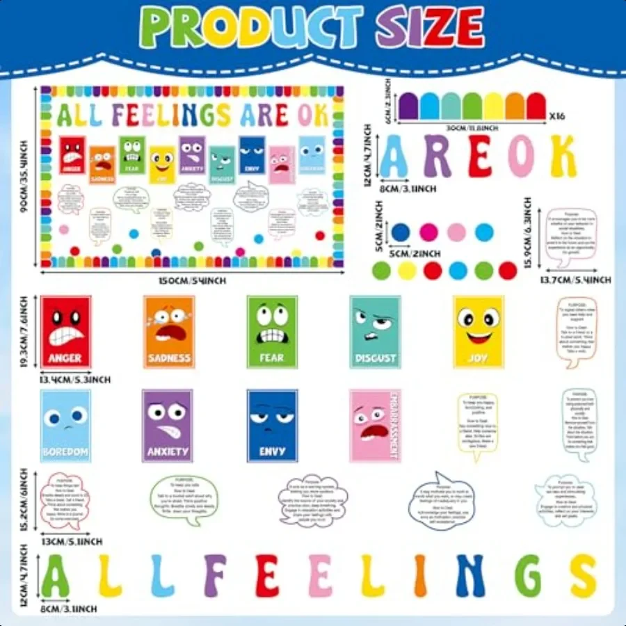 مجموعة ديكورات لوحة الإعلانات للصحة العقلية، جميع المشاعر، ديكور الفصل الدراسي، العودة إلى المدرسة، ديكور الحائط، إلهام العاطفة