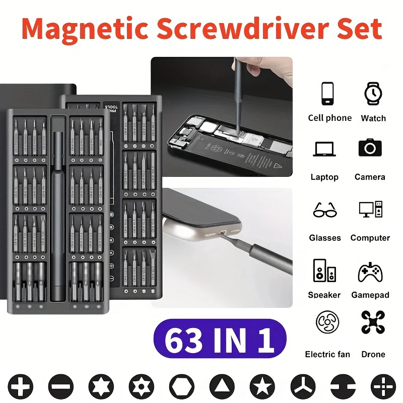 

Precision Screwdriver Set 63 in 1 Mini Repair Tool Kit Torx Phillips Magnetic Screw Driver Bits for Xiaomi iPhone Laptop Watch