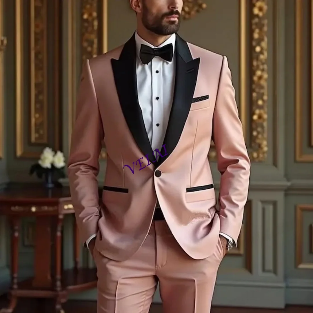 

CustomizedNew Black Lapel Pink Formal Men Tuxedos Groom Groomsman Wedding Party Prom Business Male Suit 2 Piece Blazer Pants