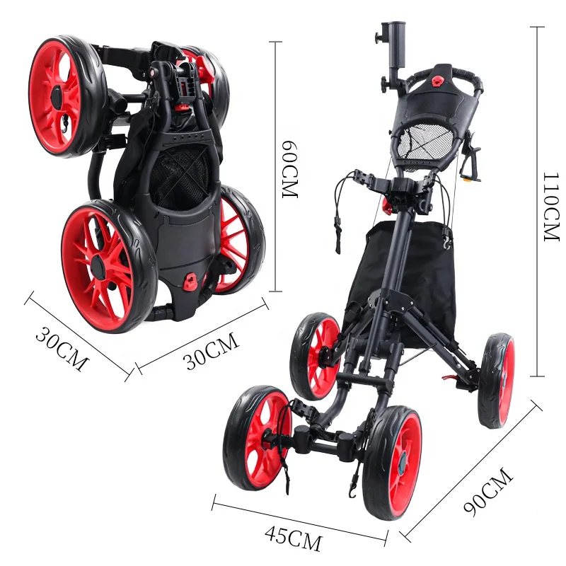 Black Foldable 4 Wheel Golf Push Trolley Aluminum Golf Pull Cart With Foot Brake Umbrella Holder Drink Holder Cool Bag