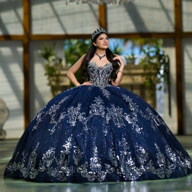 Shiny Dark Blue Quinceanera Dress off-shoulder Crystal Glitter Long tail Bow vestidos de 15 Quinceanera ﻿Customized