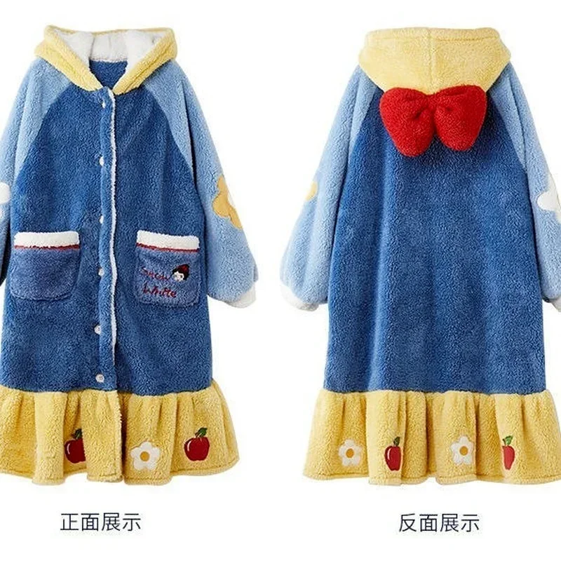 Women Winter Warm Fleece Coral Color Snow White Nightgown Sleepwear Cute Kawaii Cartoon Pajama Homewear Female Pajama Bathrobe