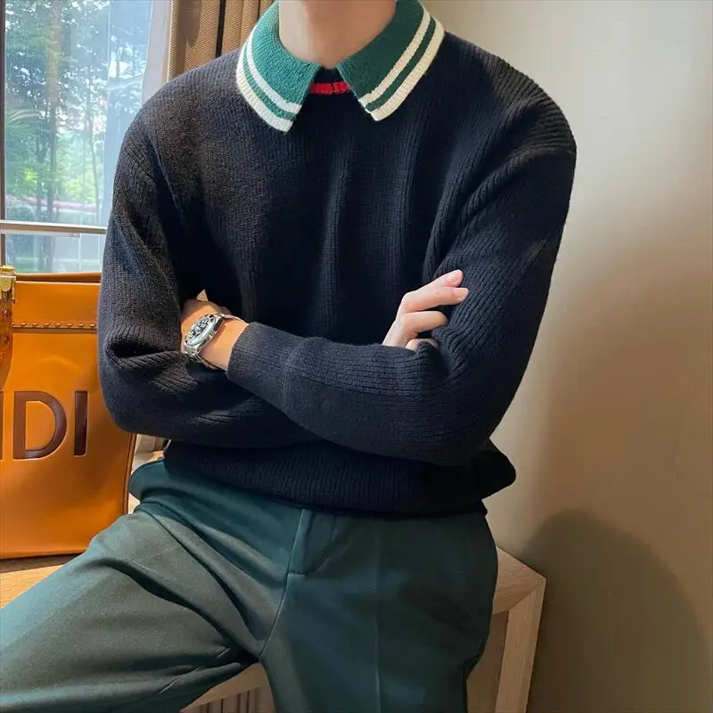 Thick warm loose color matching lapel cashmere sweater 100% pure cashmere pullover sweater
