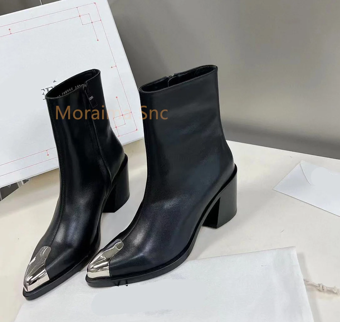 Black Women\'s Boots Metal Pointed Toe Thick Square Heel Ankle Boots Female British Style Fashion Chelsea Short Boots Side Zipper