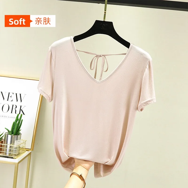 Modal Backless T-Shirt Women Summer Loose Short Sleeve Thin Large Size Casual Slimming Fashionable Base Shirt round Neck