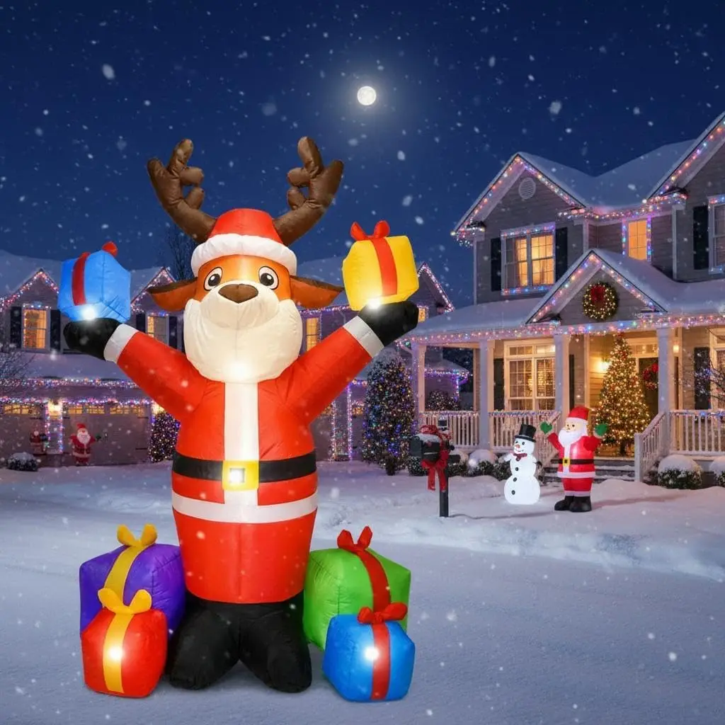 210CM Inflatable Santa Claus Pulling Reindeer Christmas Reindeer Suitable for Christmas Parties Banquets Patios Restaurants and Roof Decorations For Outdoor Yard Lawn Christmas Decorations Space-Saving, and Easy Assembly