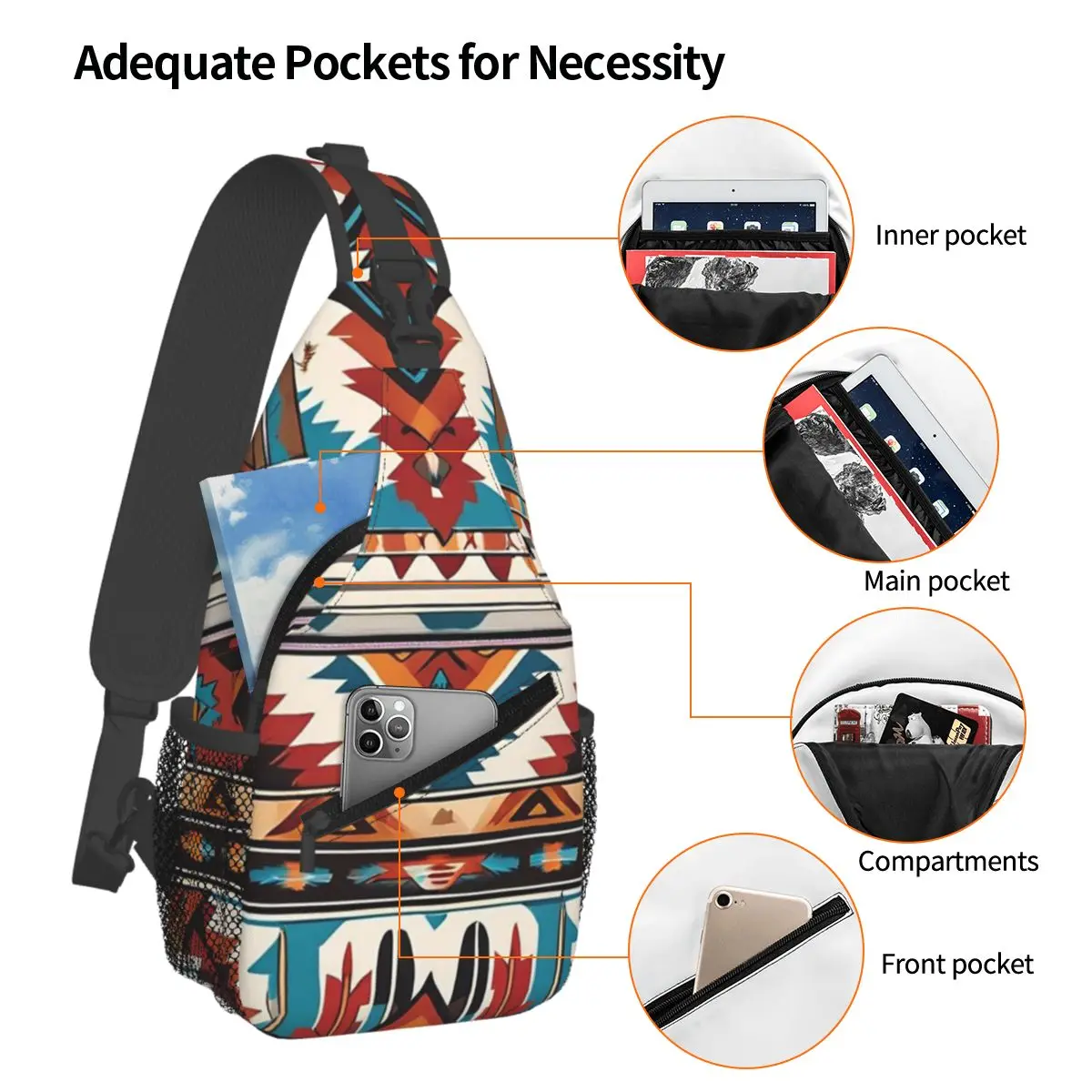 Navajo Watercolor Pattern Chest Bag Men Sling Crossbody Backpack Chest Bag Traveling Hiking Daypack Shoulder Bag