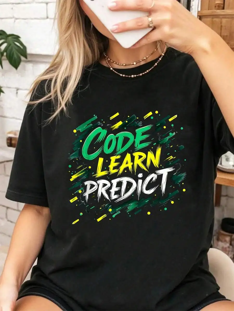 

Black Cotton Graffiti Print T-Shirt With Code Learn Predict Slogan Summer Casual Women Tee