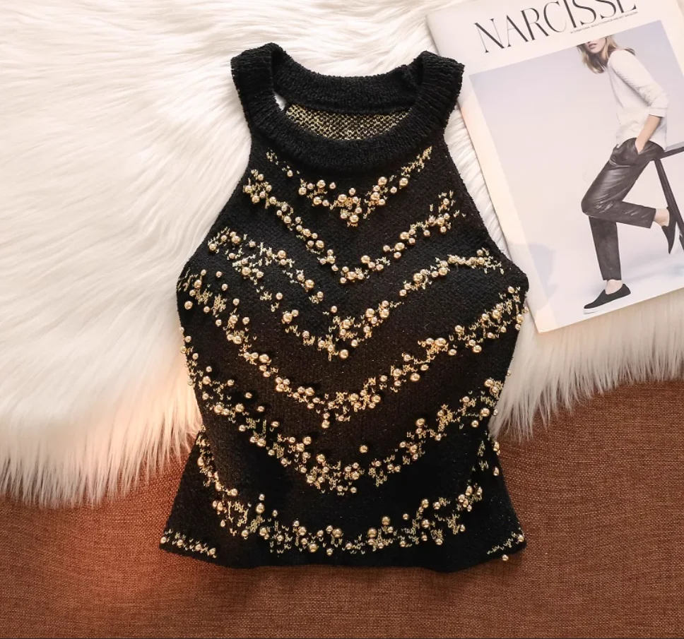 Beaded Halter Neck Strapless Tank Top Women's Fashion Summer 2025 New Chic Short Knitted Sleeveless Crop Top Style Outwear
