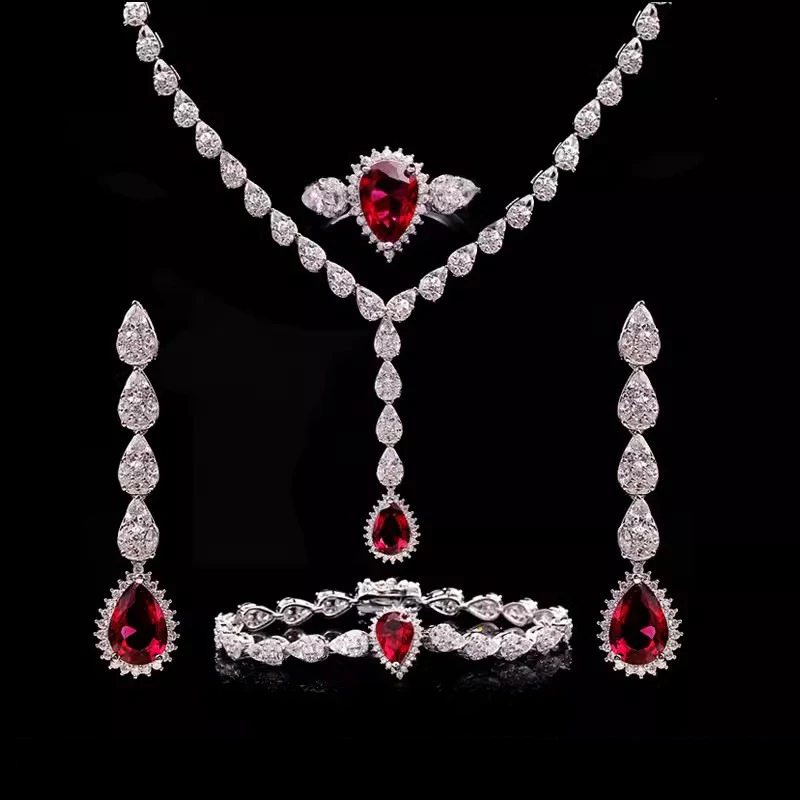 Elegant Luxury Women Wedding Bridal Jewelry Sets Dazzling Red Zircon Platinum Water Drop Plating Ring/Earring/Necklace/Bracelet