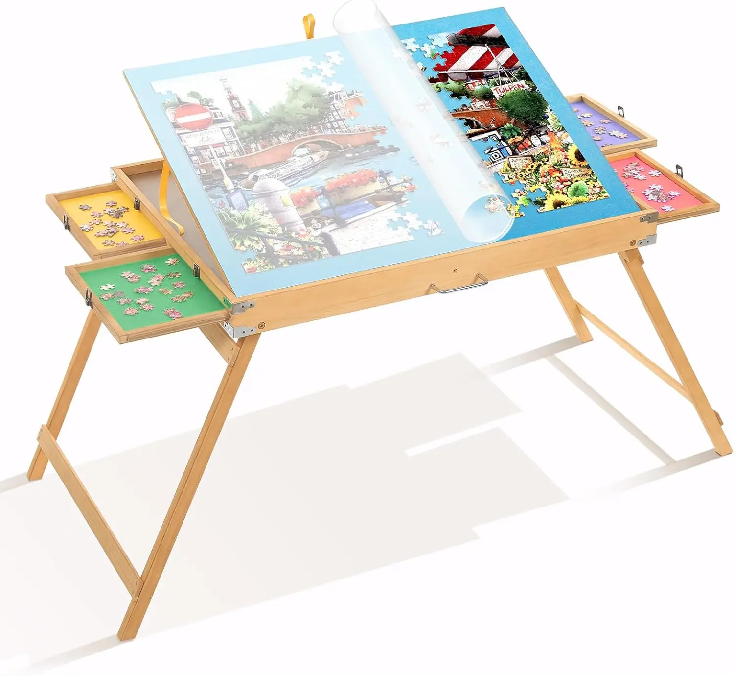 

1500 puzzle tables with drawers, legs and protective covers, wooden adjustable folding puzzle board table, portable puzzle table