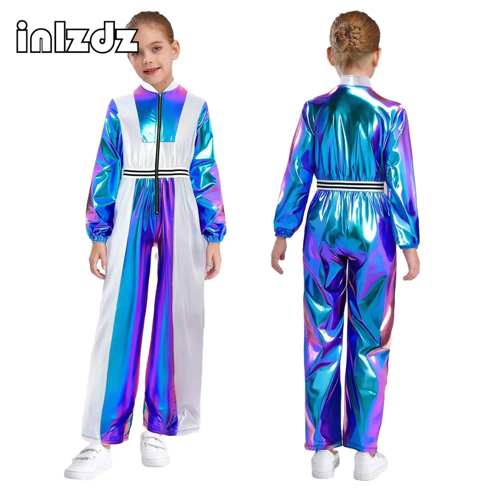 

Kids Girl Jazz Dance Hip-Hop Stage Performance Costume Long Sleeves Metallic Jumpsuit Zipper Bodysuit for Carnival Party Costume