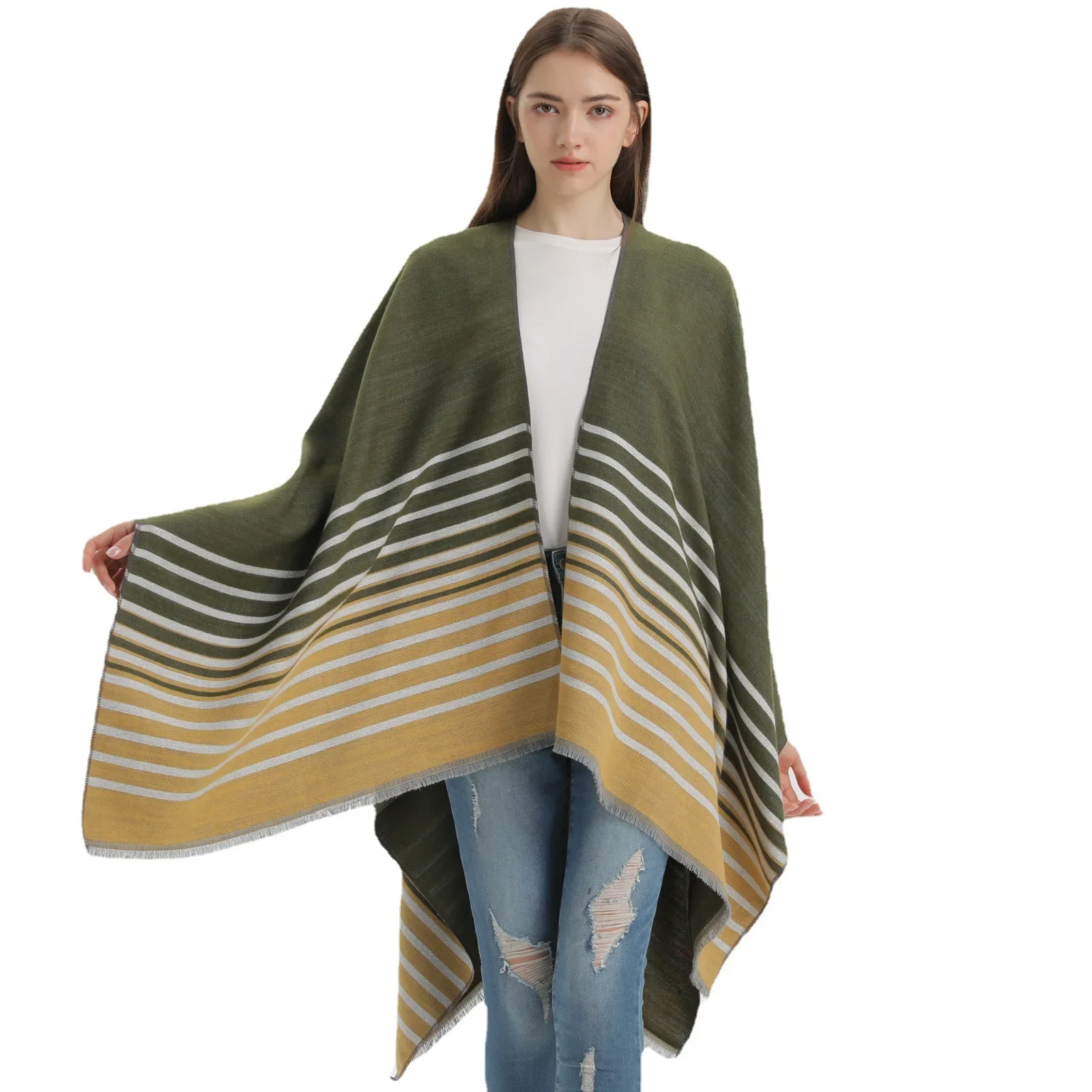 Capa Poncho para mujer, capa a la moda de imitación de Cachemira para otoño e invierno, chal para habitación con aire acondicionado estampado de doble cara