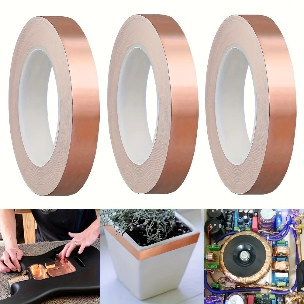 3 Rolls Copper Foil Tape Slug Snail Repellent Tape, Double-Sided Conductive Self Adhesive Copper Barrier Tape for EMI Shielding,