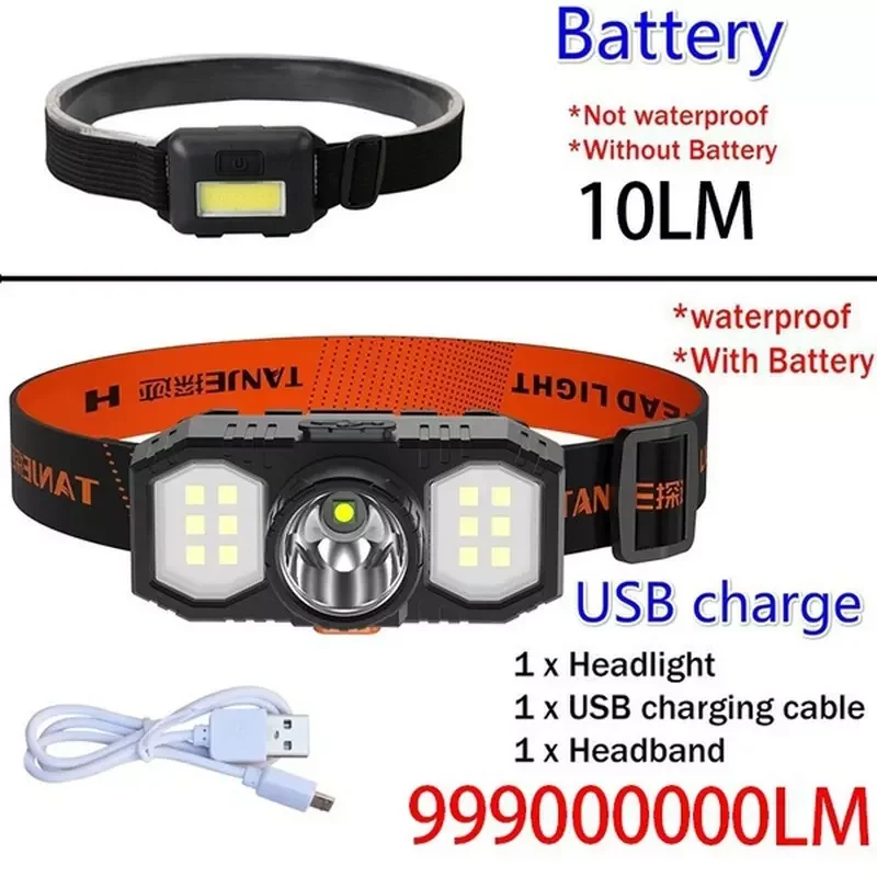 Powerful COB LED Headlamp 3 Lighting Modes Waterproof Headlight Super Bright Camping Head Lamp Head Flashlight