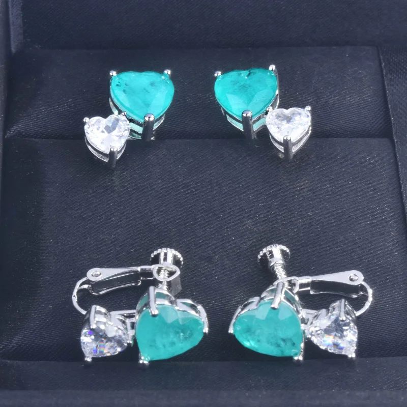 Trendy Paraiba Blue-Green Tourmaline Stud Earrings with 925 Silver Hooks Circular Ear Clips No Piercing Required