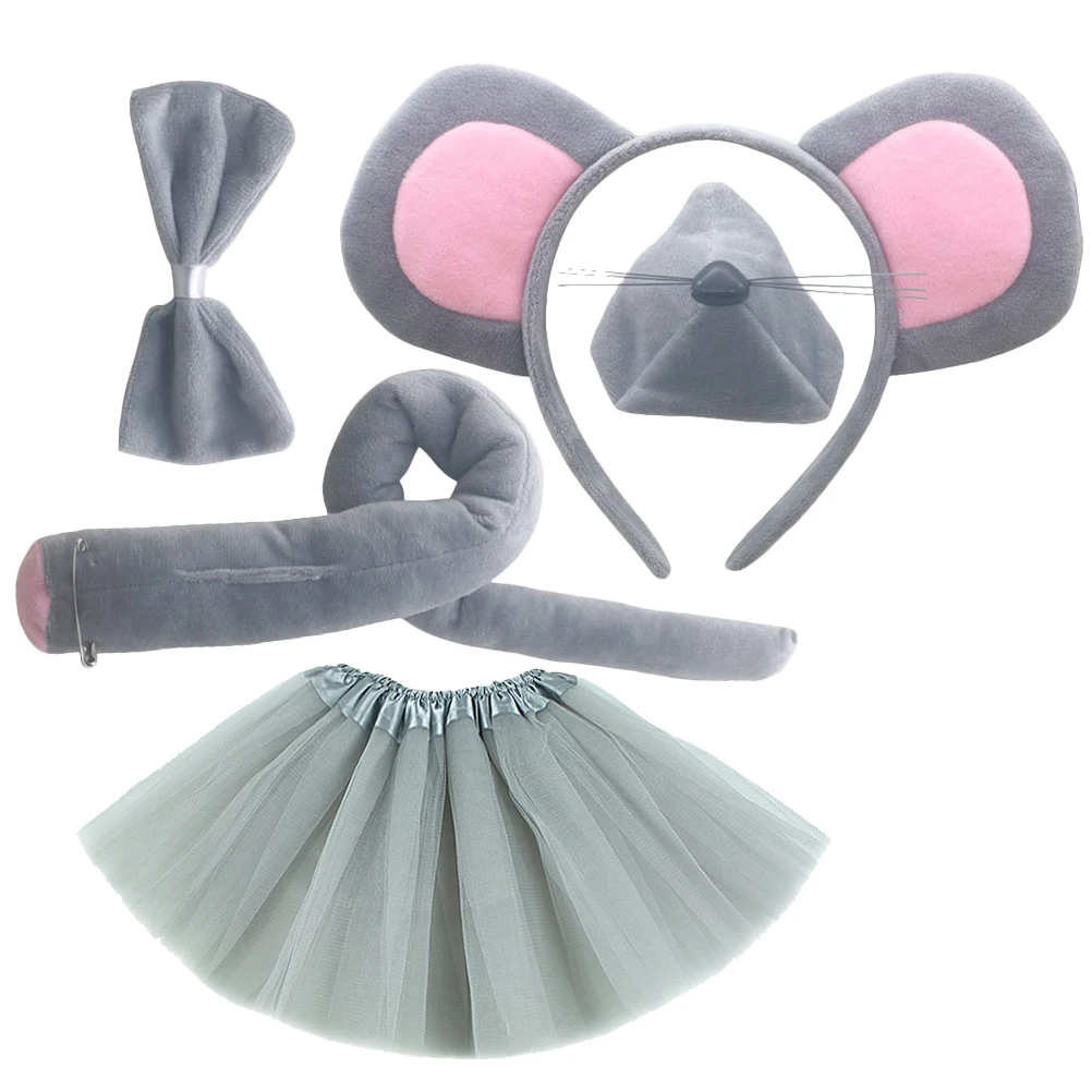 

1Set Gray Mouse Costume Accessories Set Mouse Ears Headband Nose Tail Bow Tie Party Dress Up Costume for Ears and Tail