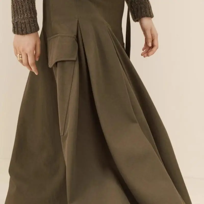 

Осень-зима, Новое поступление, женская длинная юбка-миди, сложенная смешанная ткань, украшенная рабочая одежда, юбка-миди