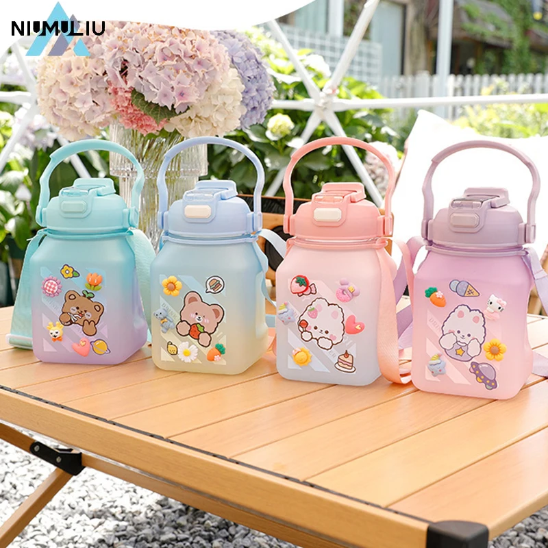 

C2 1300ml Large-Capacity Strap Plastic Kettle Summer Creative Square Straw Cup Student Sports Double Drinking Cup Home Cute Gift