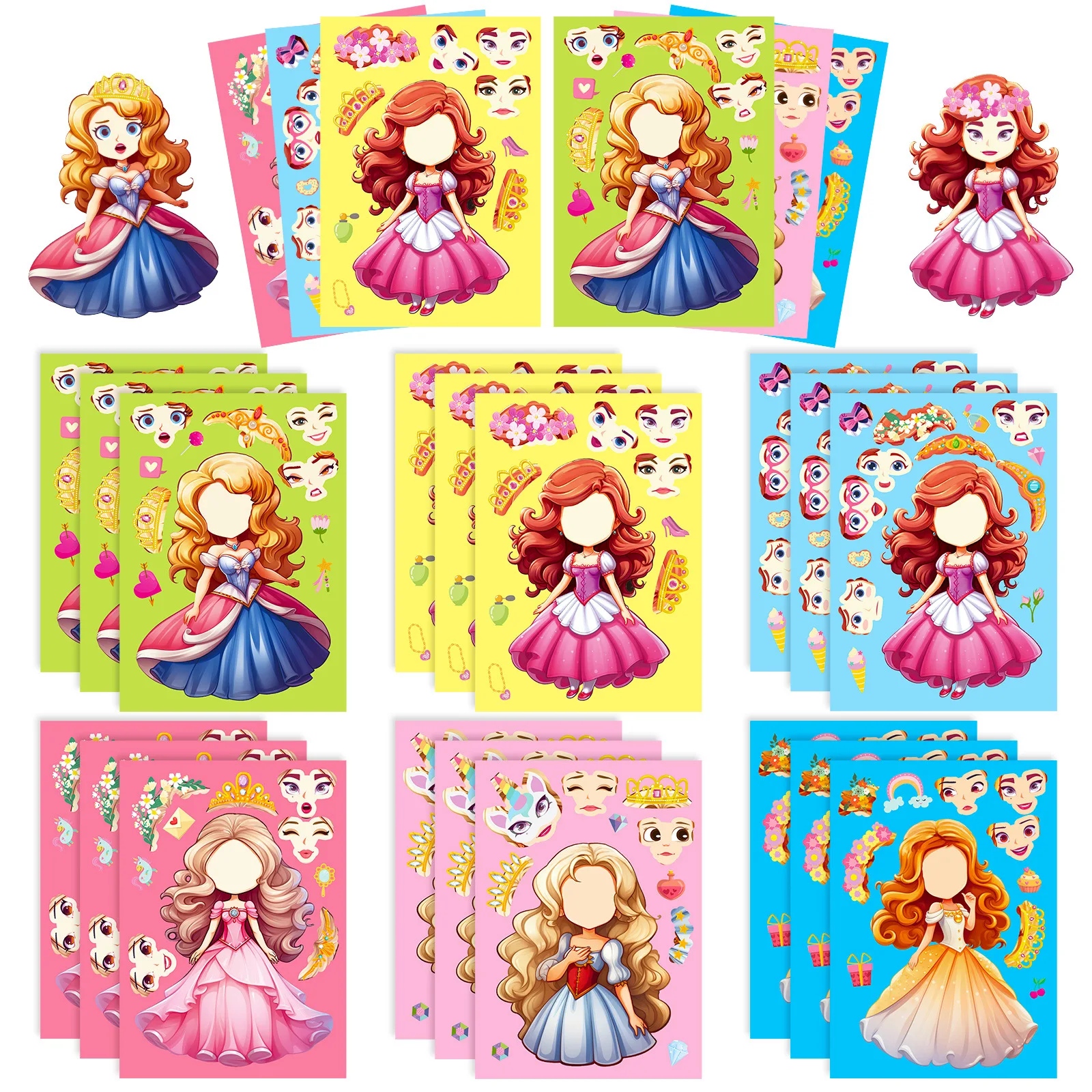 6Sheets Children DIY Puzzle Sticker Games 6 Princess Make A Face Funny Assemble Jigsaw Stickers Kids Educational Toys