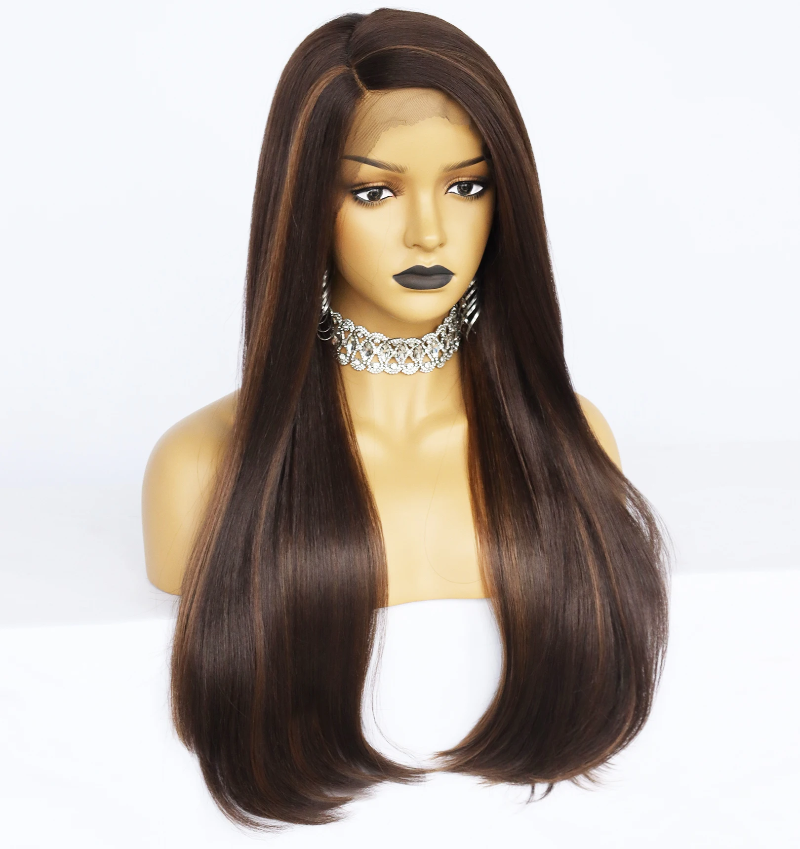 

Long Straight Brown Lace Front Wig With Natural Hairline Heat Resistant Synthetic Fiber Full Head Wig For Everyday Use