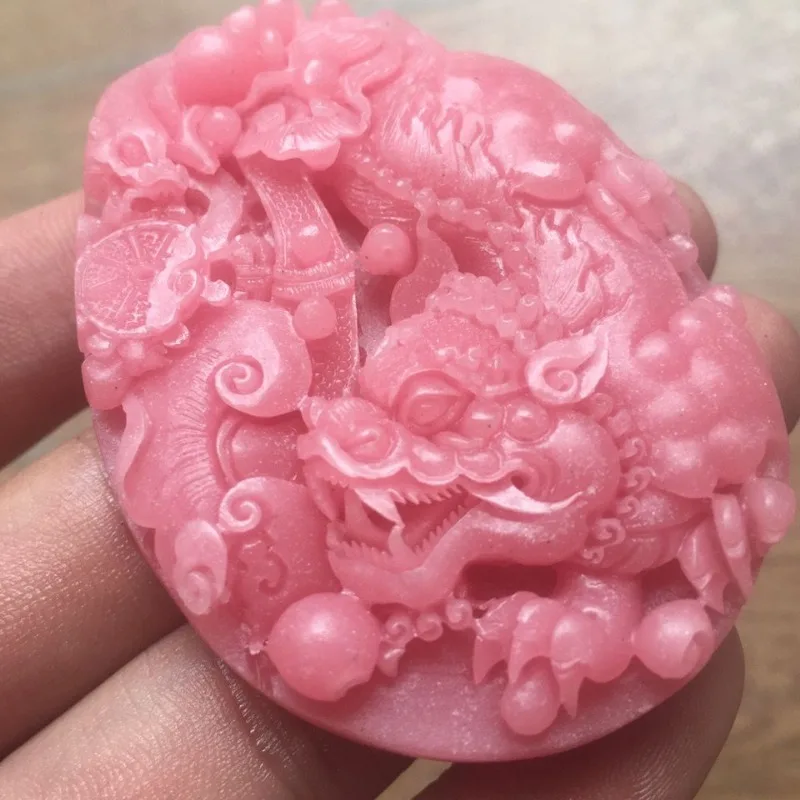 Natural Raw Stone CarvingLotus Powder Su Ji Stone Fortune Seeking Happiness Ensuring, and Safety, Kirin Handmade Carving Pendant