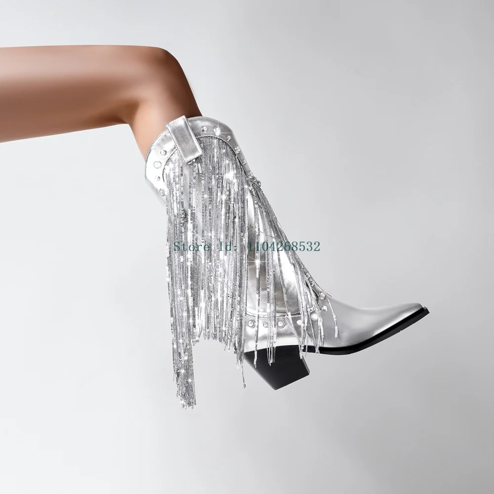 

Silver Tassel Crystal Rhinestone Boots Sexy Pointed Toe Square Heel Sewing Slip On New Arrivlas Fashion Women Modern Boots