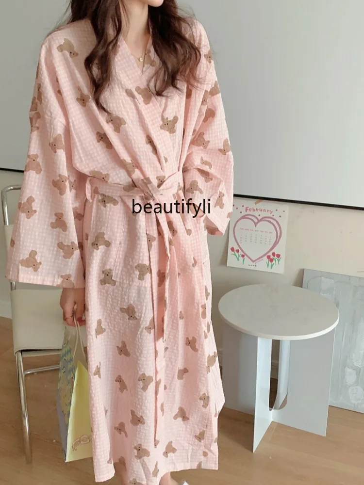 Pure Cotton Tied Night-Robe Pajamas Women's Spring and Autumn Long Sleeve Loose Home Wear Thin