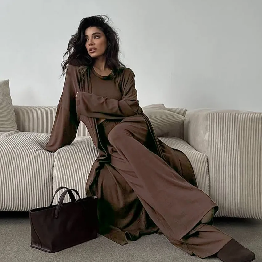 Summer Women Pajama Two Piece Crop Top Wide Leg Pants Loungewear Set Breathable Sleepwear Set Pink Homewear Set Brown Sleeping