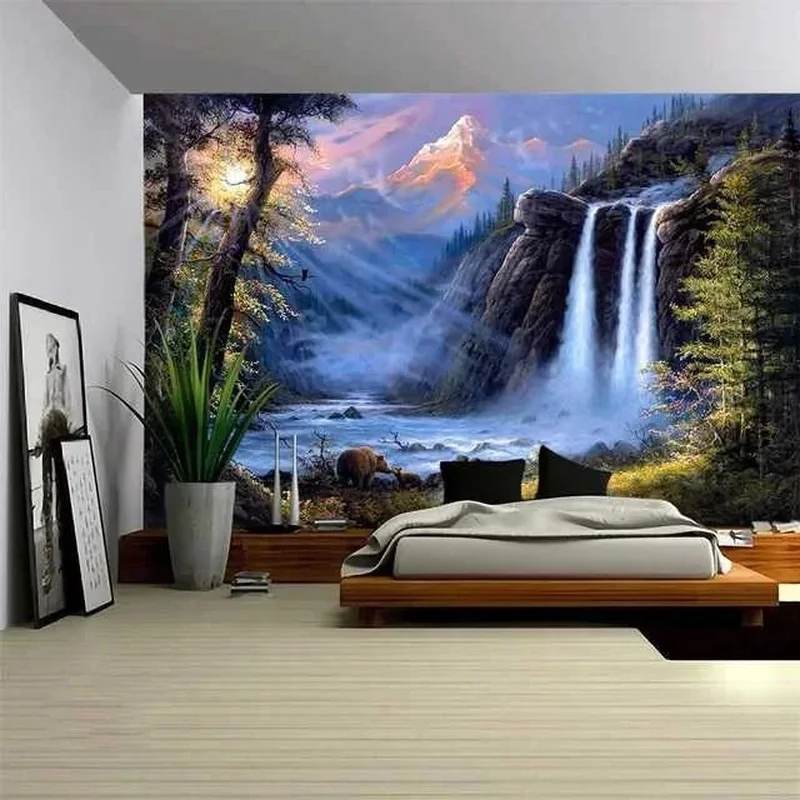VIKAMA Wilderness Mountain Wall Hanging, Sunrise Waterfall Bear Forest Scenery Tapestry, Lightweight Indoor Wall Decor