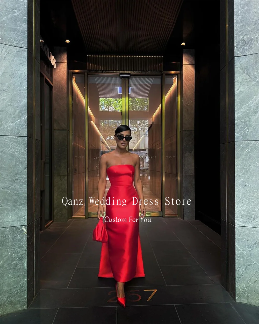 Qanz Dubai Red  Prom Dresses Vintage Satin Mermaid Strapless Wedding Party Dress Backless Evening Dresses Women Customized