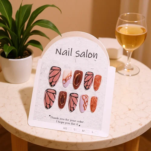 Imagen 2 del producto 10 Uds. De uñas postizas de mariposa marrón Chocolate Spice Girl, uñas postizas adhesivas reutilizables con prensa corta de almendra