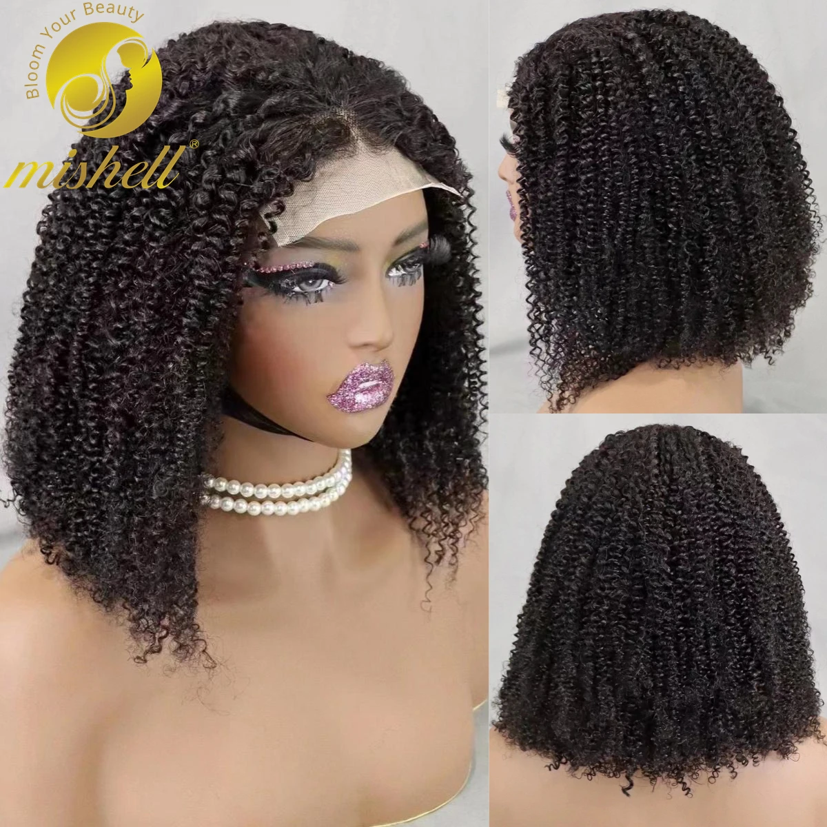 

300% Density 4x4 Lace Closure Bob Wigs 16 Inch Afro Curly Brazilian Remy Human Hair Wigs Curly Hair Lace Wigs for Black Women